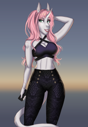 Size: 1752x2515 | Tagged: safe, artist:askbubblelee, oc, oc only, oc:rosie quartz, anthro, unicorn, abs, anthro oc, armpits, athletic, big breasts, breasts, cellphone, cleavage, clothes, female, fit, grin, leonine tail, lipstick, mare, midriff, pants, phone, pigtails, scar, smiling, solo, toned