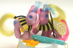 Size: 1023x682 | Tagged: safe, derpibooru import, bee, pony, g2, baby, baby dart, baby dash, baby ponies, baby pony, bee costume, clothes, dart, dash, toy, twins