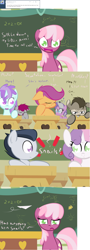 Size: 1280x3570 | Tagged: safe, artist:kryptchild, derpibooru import, cheerilee, diamond tiara, liza doolots, petunia, pluto, rumble, scootaloo, sweetie belle, tootsie flute, oc, oc:kryptfoal, oc:marble patches, fish, 2+2=fish, ask glitter shell, chalkboard, ponyville schoolhouse, portal (valve), school, space core, the fairly oddparents