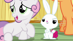 Size: 1280x720 | Tagged: safe, derpibooru import, screencap, angel bunny, scootaloo, sweetie belle, just for sidekicks, angel is a bunny bastard, smug