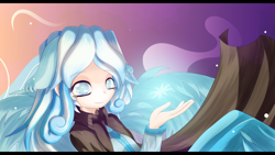 Size: 3840x2160 | Tagged: safe, artist:an-m, oc, oc only, oc:snowdrop, human, bedroom eyes, cape, clothes, cloud, cloudy, eared humanization, eye reflection, floppy ears, humanized, humanized oc, looking at you, snow, snowflake, solo, winged humanization