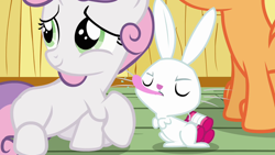 Size: 1280x720 | Tagged: safe, derpibooru import, screencap, angel bunny, scootaloo, sweetie belle, just for sidekicks, raspberry, tongue out