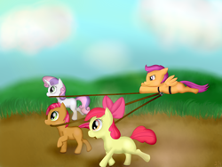 Size: 4096x3072 | Tagged: safe, artist:farondk, derpibooru import, apple bloom, babs seed, scootaloo, sweetie belle, cutie mark crusaders, scootaloo can't fly