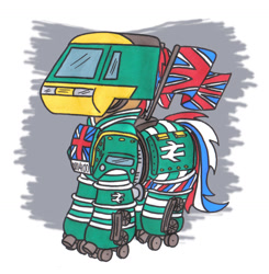 Size: 1564x1595 | Tagged: safe, artist:bobthedalek, pony, robot, robot pony, british rail, class 43, crossover, hst, intercity 125, monochrome, roller skates, starlight express, union flag, union jack