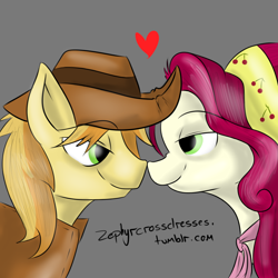 Size: 1000x1000 | Tagged: safe, artist:zephyr, derpibooru import, braeburn, cherry jubilee, 30 minute art challenge, cherryburn, female, male, shipping, straight