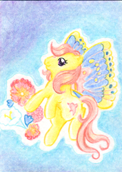 Size: 424x600 | Tagged: safe, artist:rayechu, derpibooru import, little flitter, g1, flower, flying, solo, summer wing ponies, traditional art