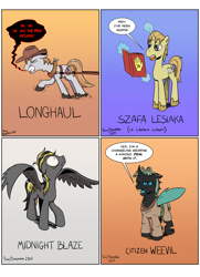 Size: 1280x1764 | Tagged: safe, artist:pony-berserker, oc, oc only, oc:longhaul, oc:midnight blaze, oc:szafalesiaka, oc:weevil, changeling, earth pony, pegasus, pony, unicorn, fanfic:citizen weevil, changeling oc, clothes, cowboy hat, gray background, hat, horse collar, kimono (clothing), male, orange background, robe, simple background, stallion, stetson