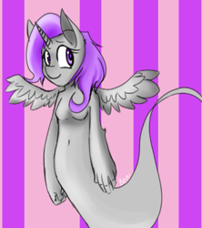 Size: 1175x1324 | Tagged: safe, artist:beni the bellhop, derpibooru import, oc, oc:spirit shine, alicorn, anthro, ghost, undead, abstract background, belly button, colored pupils, female, floating, looking at you, mare, mlpchan, mlpchan contest, smiling, solo