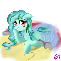 Size: 1024x1024 | Tagged: safe, artist:greeny-nyte, derpibooru import, oc, oc:dulset tarn, kelpie, pony, female, floppy ears, grin, heart, lidded eyes, looking back, mare, messy mane, mlpchan, mlpchan contest, prone, sand, smiling, solo, water, water mane