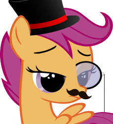 Size: 800x875 | Tagged: safe, derpibooru import, scootaloo, classy, hat, monocle, moustache, simple background, top hat, transparent background, vector