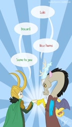 Size: 428x750 | Tagged: safe, artist:nooby-banana, derpibooru import, discord, avengers, crossover, dialogue, fist bump, loki, marvel, speech bubble, sunburst background