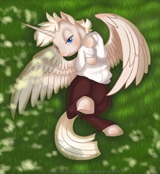 Size: 926x1006 | Tagged: safe, artist:hollowzero, derpibooru import, oc, oc only, oc:pearly gates, alicorn, pony, alicorn oc, grass, rolling