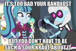 Size: 976x650 | Tagged: safe, screencap, photo finish, sonata dusk, tennis match, equestria girls, clothes, german, image macro, meme, photo finish insults, pun, skirt