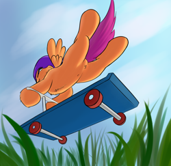 Size: 1666x1618 | Tagged: safe, artist:sokolas, derpibooru import, scootaloo, chest fluff, featureless crotch, fluffy, from below, scooter, solo