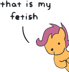 Size: 500x518 | Tagged: artist needed, safe, derpibooru import, scootaloo, dialogue, meme, simple background, solo, that is my fetish, transparent background