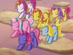 Size: 640x480 | Tagged: safe, derpibooru import, screencap, apple spice, cotton candy (g3), fizzypop, gem blossom, moondancer (g3), sunny daze (g3), g3, the princess promenade, eyes closed