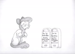 Size: 2340x1700 | Tagged: safe, artist:tesshissa, derpibooru import, apple bloom, earth pony, pony, elderly, female, gravestone, implied death, implied scootaloo, implied sweetie belle, mare, monochrome, older, older apple bloom, sad, solo