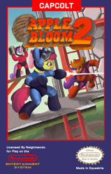 Size: 713x1120 | Tagged: safe, artist:docwario, derpibooru import, apple bloom, scootaloo, sweetie belle, box art, capcom, cover, crash man, crossover, megaman, megaman 2, nintendo, nintendo entertainment system, parody, quick man