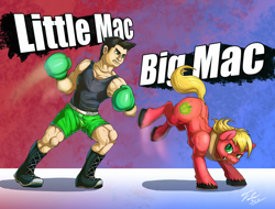 Size: 900x684 | Tagged: safe, artist:tsitra360, big macintosh, earth pony, human, pony, boxer, bucking, crossover, fight, irony, little mac (punch out), male, middle mac, namesake, nintendo, pun, punch out, stallion, super smash bros., super smash bros. 4, versus