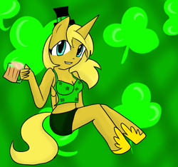 Size: 800x750 | Tagged: safe, artist:flutternight, derpibooru import, oc, oc only, oc:ticket, alicorn, anthro, alicorn oc, anthro oc, beer, saint patrick's day, solo