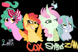 Size: 900x601 | Tagged: safe, artist:enigmaticfrustration, derpibooru import, oc, oc only, hybrid, magical lesbian spawn, offspring, parent:apple bloom, parent:dinky hooves, parent:scootaloo, parent:snails, parent:snips, parent:spike, parent:sweetie belle, parent:twist, parents:dinkysnips, parents:scootabloom, parents:snailstwist, parents:spikebelle