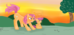 Size: 1280x608 | Tagged: safe, artist:reipid, derpibooru import, scootaloo, sparkleworks, g3, g3 to g4, generation leap, watermark