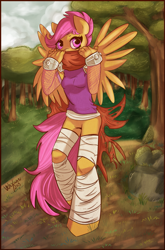 Size: 895x1359 | Tagged: safe, artist:velexane, derpibooru import, scootaloo, anthro, bandage, bottomless, featureless crotch, fishnet stockings, forest, ninja, solo, strider, striderloo, tree