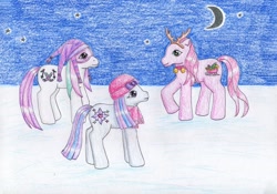 Size: 1024x715 | Tagged: safe, artist:normaleeinsane, derpibooru import, g3, chilly breezes, snow, traditional art, velvet bow, winter wish