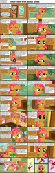 Size: 1282x4018 | Tagged: safe, derpibooru import, apple bloom, babs seed, scootaloo, sweetie belle, comic:celestia's servant interview, caption, comic, cutie mark crusaders, interview, this will end in tears and/or death and/or covered in tree sap