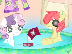 Size: 800x600 | Tagged: safe, artist:ponypocky317, derpibooru import, apple bloom, sweetie belle, eyepatch