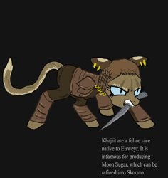 Size: 850x900 | Tagged: safe, artist:glue123, derpibooru import, pony, black background, blade, ear piercing, earring, jewelry, khajiit, mouth hold, piercing, ponified, simple background, skyrim, solo, the elder scrolls, weapon