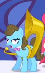 Size: 160x262 | Tagged: safe, derpibooru import, screencap, beauty brass, pony, the best night ever, background pony, bowtie, cropped, derp, female, mare, musical instrument, open mouth, out of context, picture for breezies, solo