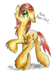 Size: 500x666 | Tagged: safe, artist:majkarogo, derpibooru import, babs seed, earth pony, brown coat, female, filly, freckles, older, solo, two toned mane