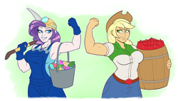 Size: 1024x582 | Tagged: safe, artist:ambris, applejack, rarity, equestria girls, apple, applejack's hat, applejacked, applerack, armpits, barrel, belt, biceps, big breasts, breasts, bucket, clothes, commission, cowboy hat, denim skirt, female, flexing, food, gem, geode of shielding, gloves, hat, helmet, lesbian, looking at each other, magical geodes, miner, mining helmet, muscles, overalls, pickaxe, rarijack, raritits, ripped rarity, rolled up sleeves, shipping, skirt, stetson, tanktop