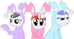 Size: 5000x2635 | Tagged: safe, artist:fabulouspony, derpibooru import, oc, oc only, oc:apathia, oc:discentia, oc:karma, pony, unicorn, animal costume, annoyed, bunny costume, clothes, costume, easter, female, happy, holiday, looking at you, mare, reddit, simple background, transparent background, vector