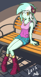 Size: 434x803 | Tagged: safe, artist:rvceric, lyra heartstrings, equestria girls, bench, looking at you, pixiv, sitting, solo