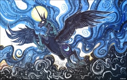 Size: 1351x850 | Tagged: safe, artist:kiriska, derpibooru import, nightmare moon, armor, daily deviation, epic, ethereal mane, flying, full moon, glowing eyes, moon, open mouth, realistic, sharp horn, solo, spread wings, traditional art