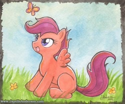 Size: 576x476 | Tagged: safe, artist:jayelle-anderson, derpibooru import, scootaloo, butterfly, traditional art, watercolor painting