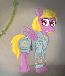 Size: 911x1062 | Tagged: safe, artist:raddjuret, derpibooru import, oc, oc only, oc:dazzling "dodo" dusk, pegasus, pony, fallout equestria, fallout equestria: the fossil, cable, pipbuck, wrench