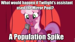 Size: 960x540 | Tagged: safe, derpibooru import, cheerilee, spike, earth pony, pony, cheerilee pun, curtain, exploitable meme, female, green eyes, mare, meme, microphone, mirror pool, name pun, open mouth, pun, smiling, solo, spotlight, text, two toned mane, two toned tail