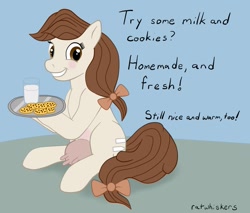 Size: 1175x1000 | Tagged: safe, artist:ratwhiskers, derpibooru import, oc, oc only, oc:creamy white, cow, cow pony, blushing, bow, cookie, creamy and friends, female, milk, nudity, solo, tumblr, udder