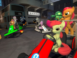 Size: 1024x768 | Tagged: safe, artist:pika-robo, derpibooru import, apple bloom, babs seed, diamond tiara, scootaloo, silver spoon, sweetie belle, tank, 3d, bob-omb, cutie mark crusaders, gmod, mario kart, mario kart double dash, ponykart, super mario bros.