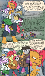 Size: 751x1280 | Tagged: safe, artist:kaemantis, apple bloom, babs seed, diamond tiara, scootaloo, silver spoon, sweetie belle, truffle shuffle, anthro, comic:junior gala, abuse, bully, clothes, comic, cutie mark crusaders, glare, glasses, older, out of character, silverbuse, skirt, spoonabuse, teenager, tiarabuse, vulgar