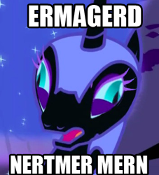 Size: 354x390 | Tagged: safe, derpibooru import, edit, edited screencap, screencap, nightmare moon, alicorn, pony, derp, ermahgerd, faic, image macro, solo