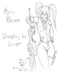 Size: 780x936 | Tagged: safe, artist:figgot, aria blaze, gun, knife, lawyer, leaning, monochrome, rifle, solo, steampunk