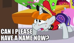 Size: 884x518 | Tagged: safe, derpibooru import, edit, edited screencap, screencap, bags valet, sweet and elite, atlas, bellhop pony, caption, ginger, image macro, luggage, redhead, sluggage, solo