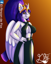 Size: 1000x1250 | Tagged: safe, artist:thedamneddarklyfox, oc, oc:royalis shine, alicorn, anthro, absolute cleavage, alicorn oc, anthro oc, big breasts, black dress, breasts, cleavage, clothes, crown, dress, female, gradient background, hand on hip, horn, horn ring, jewelry, looking at you, regalia, signature, smiling, smiling at you, solo, wings