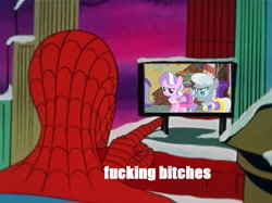 Size: 1077x807 | Tagged: safe, derpibooru import, edit, diamond tiara, silver spoon, 60s spider-man, glasses, meme, spider-man, television, vulgar