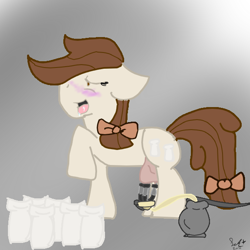 Size: 600x600 | Tagged: safe, artist:suparsprinkles, derpibooru import, oc, oc only, oc:creamy white, blushing, bow, creamy and friends, female, lactation, milk, milking, milking machine, nudity, solo, tumblr, udder