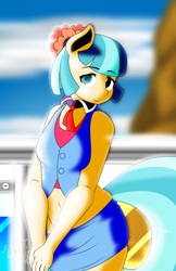 Size: 792x1224 | Tagged: safe, artist:dekomaru, coco pommel, anthro, arm boob squeeze, balcony, belly button, clothes, collar, loco for coco, midriff, skirt, smiling, vest